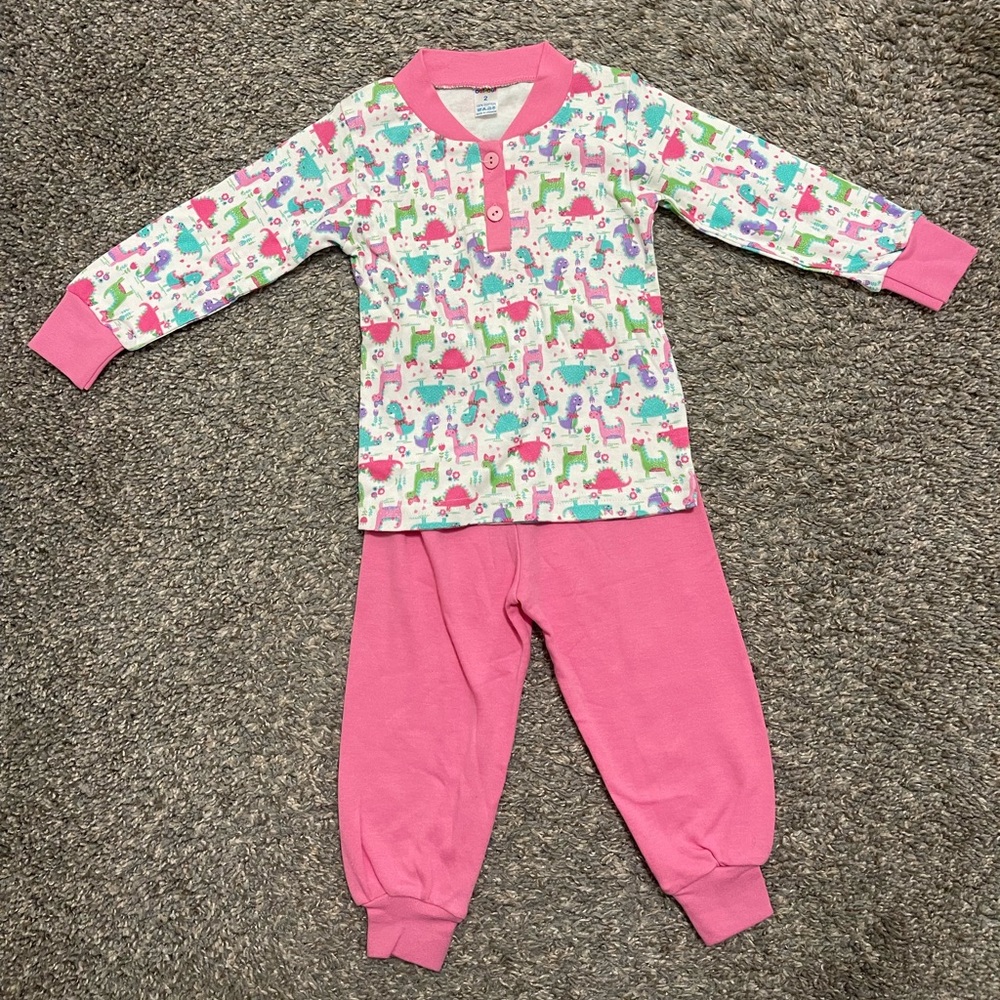 New girls Pajamas pink and white Dinosaur themed size 2T 100% cotton